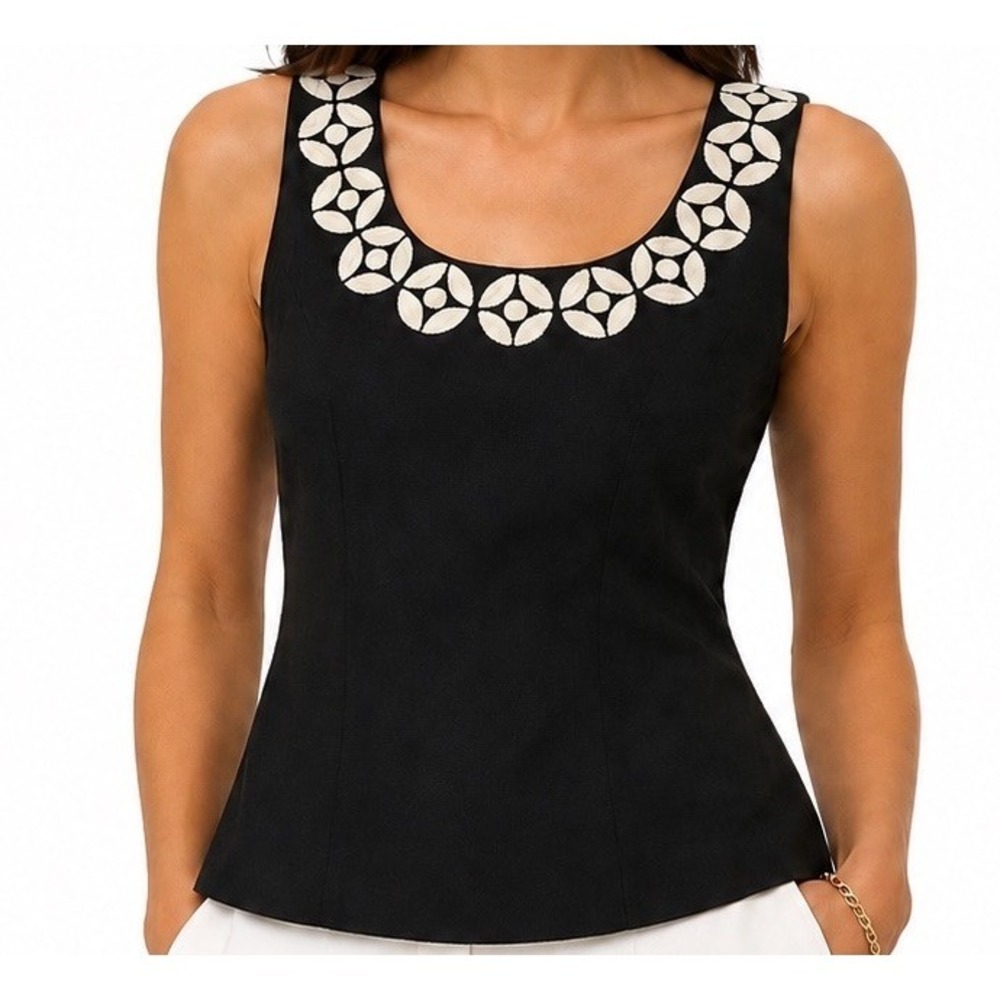Vintage Black Sleeveless Linen Blend Top 6 Embroidered 90's Kasper Quiet Luxury